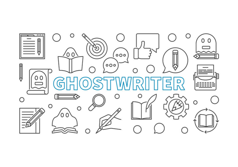 Ghostwriter vector horizontal banner or illustration made with ghostwriting thin line icons on white background